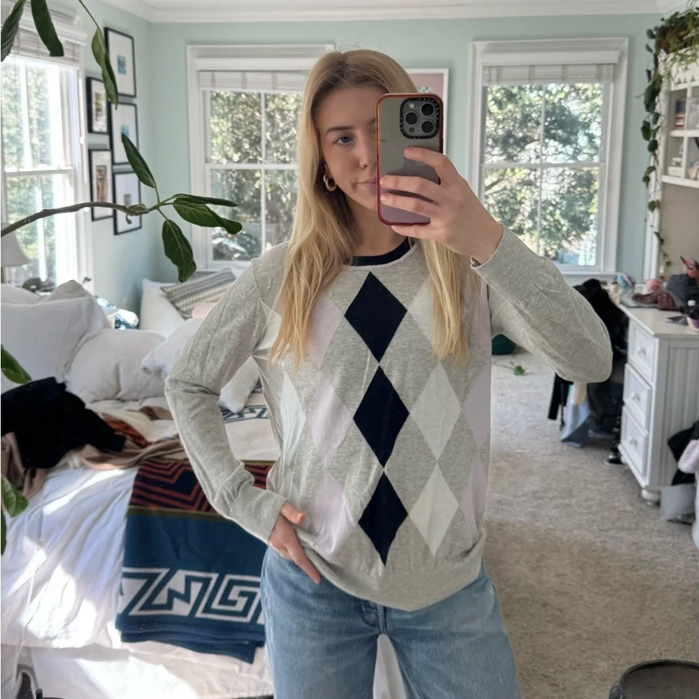 J. Crew Gray Argyle Sweater with Navy and Light Pink
